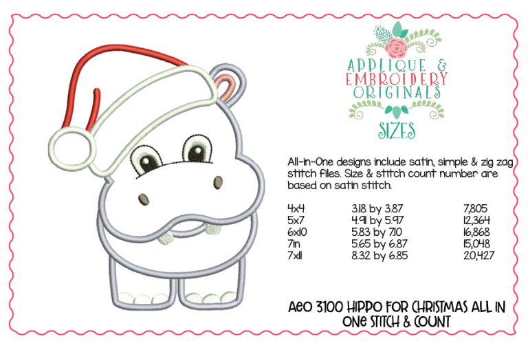 3100 Hippo for Christmas All-In-One Applique Design - Image 2