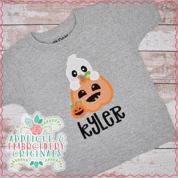 3216 Ghost Hiding Behind Pumpkin Halloween Applique Design - Image 2