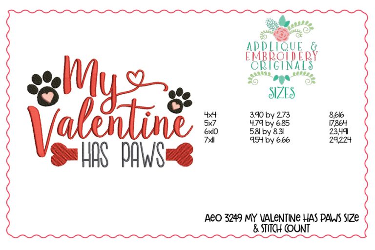 3249 My Valentine Has Paws Embroidery Design - Image 2