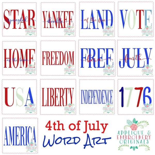 3939 4TH OF JULY Word Art Embroidery Design Set