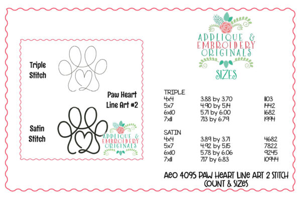 4095 Paw Heart #2 Line Art Embroidery Design - Image 3