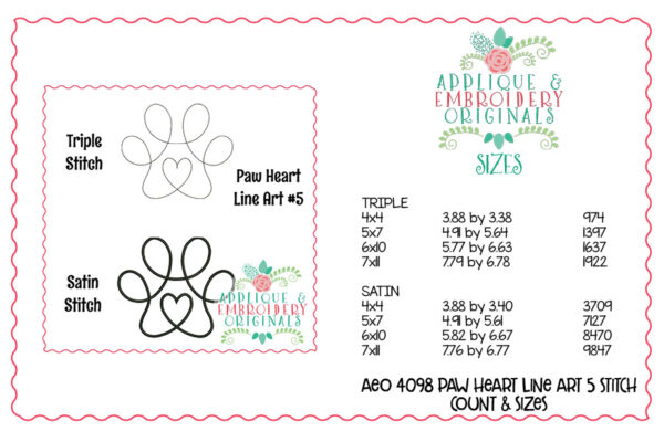 4098 Paw Heart #5 Line Art Embroidery Design - Image 2